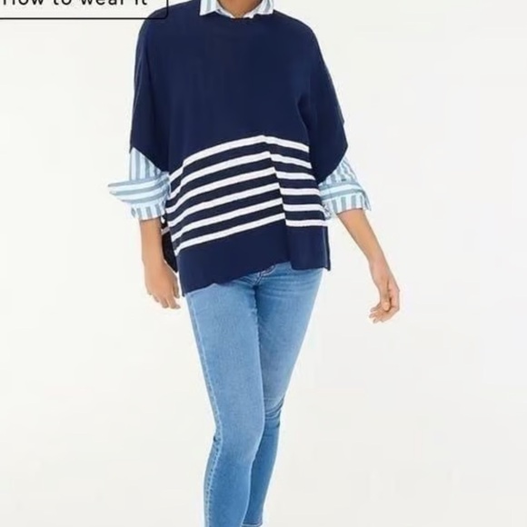 J.Crew Navy Blue Stripe Knit Poncho | One Size - Picture 1 of 7